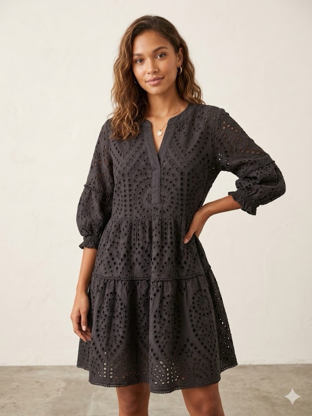 Chicos Black Eyelet Tiered Knee Length Cotton Dress size 1